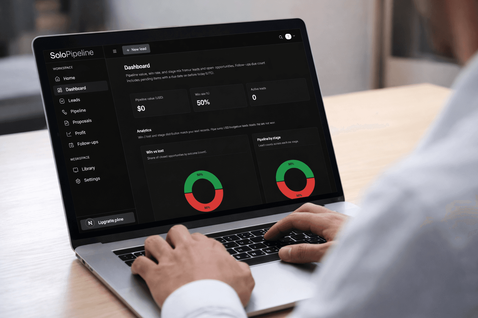SoloPipeline dashboard workspace displayed on a laptop
