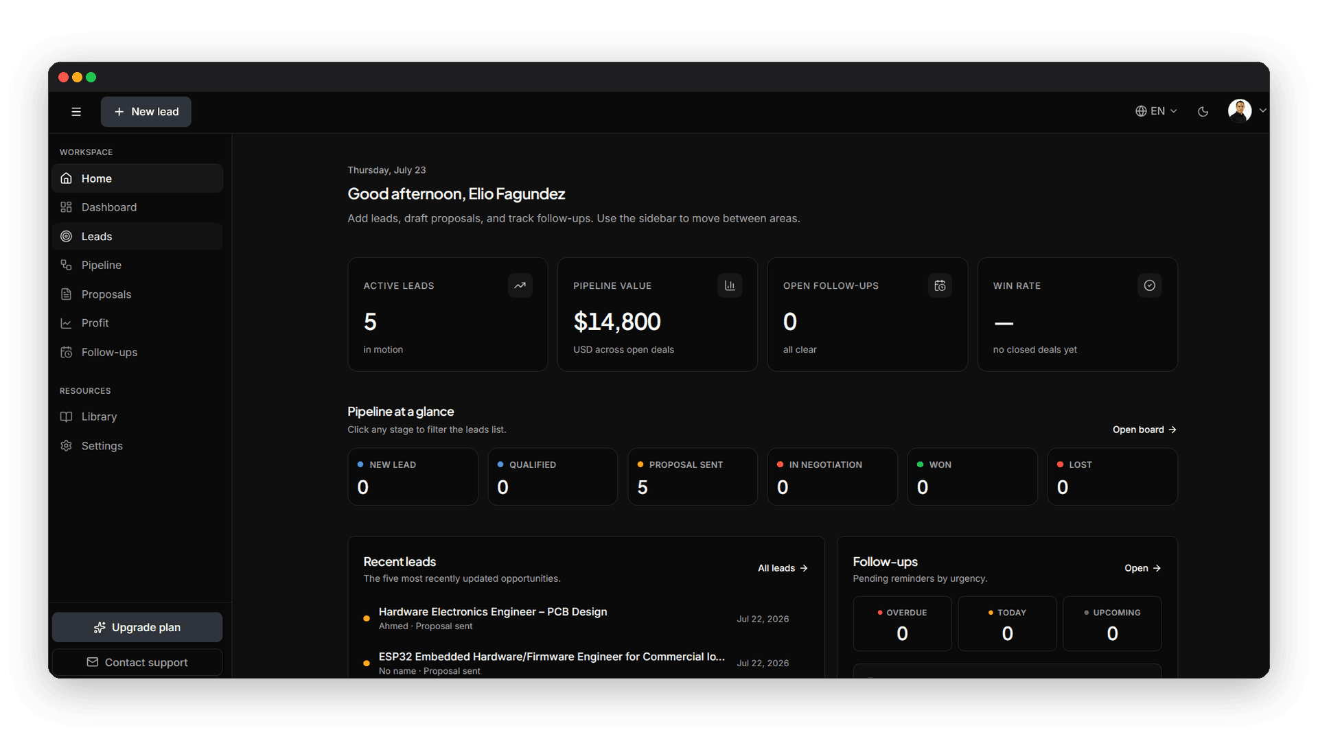 SoloPipeline Home with greeting, KPIs, and pipeline at a glance